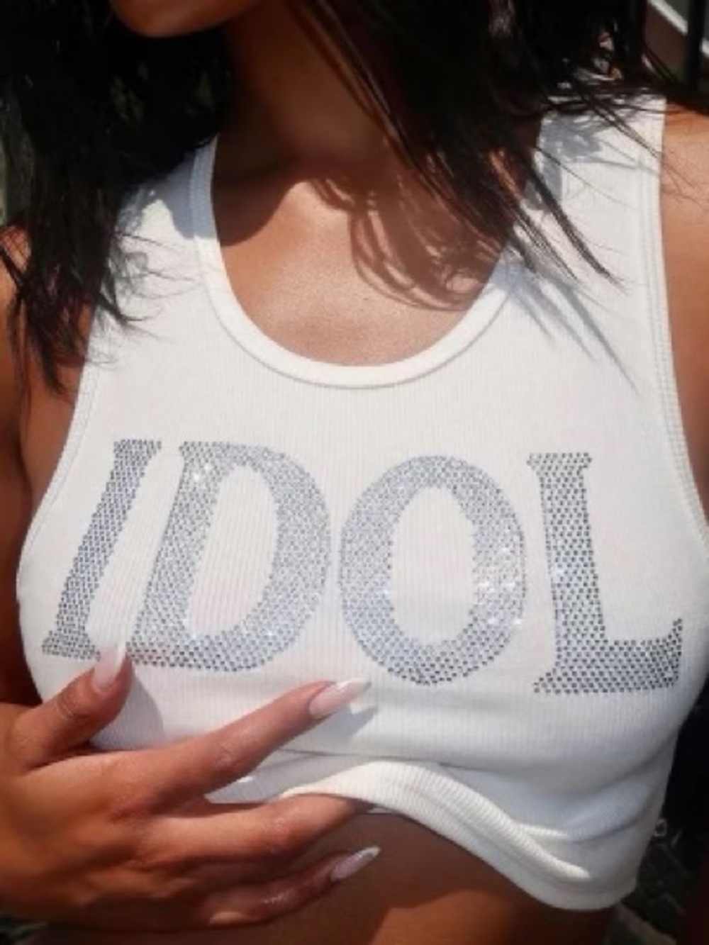 Women's White Rhinestone 'IDOL' Ribbed Tank Top
